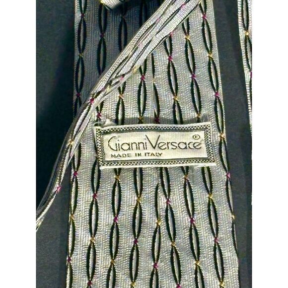 Gianni Versace Italy Silk Tie Silver Gray Black Pink Oval Pattern 57" - Picture 5 of 7